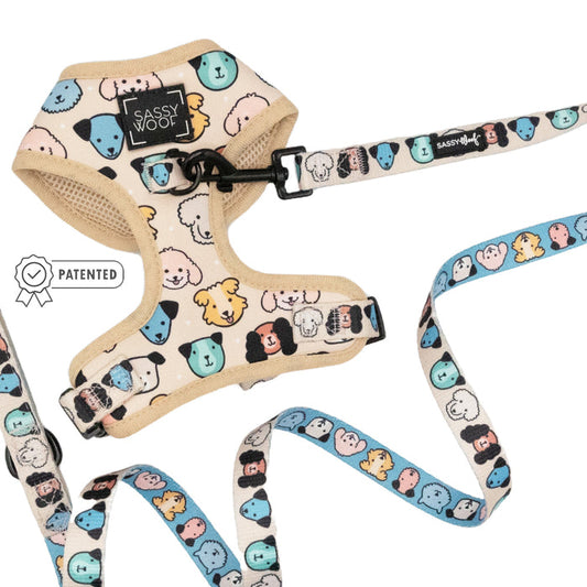 The Sassy Woof Dog Two Piece Bundle - Mixed With Love features a beige adjustable harness and leash with colorful cartoon dog faces, a PATENTED symbol beside the harness, and includes the Puppy Growth Pawtection Plan.
