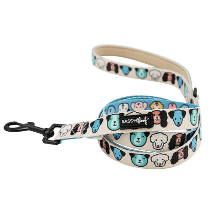 The Sassy Woof Dog Two Piece Bundle - Mixed With Love includes a stylish leash with colorful cartoon dog faces, a metal clasp, and matching label—ideal for pairing with an Adjustable Harness or Puppy Growth Pawtection Plan.
