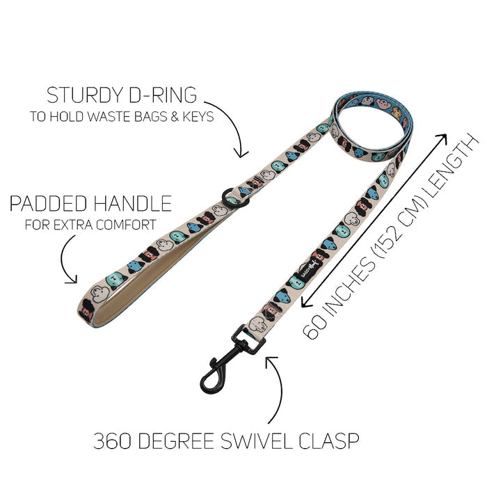 The Sassy Woof “Dog Two Piece Bundle - Mixed With Love” features a colorful cartoon-face leash with padded handle, sturdy D-ring, 60" (152 cm) length, and 360° swivel clasp—pairs perfectly with the adjustable harness. Arrows highlight every feature.
