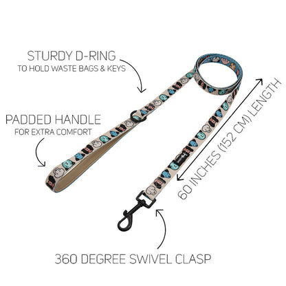 The Sassy Woof “Dog Two Piece Bundle - Mixed With Love” features a colorful cartoon-face leash with padded handle, sturdy D-ring, 60" (152 cm) length, and 360° swivel clasp—pairs perfectly with the adjustable harness. Arrows highlight every feature.