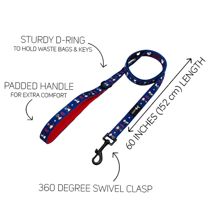 The Sassy Woof Dog Leash - MLB™ x Peanuts™ Boston Red Sox™ features a blue and red pattern, sturdy D-ring, padded handle, 60-inch (152 cm) length, and 360-degree swivel clasp.
