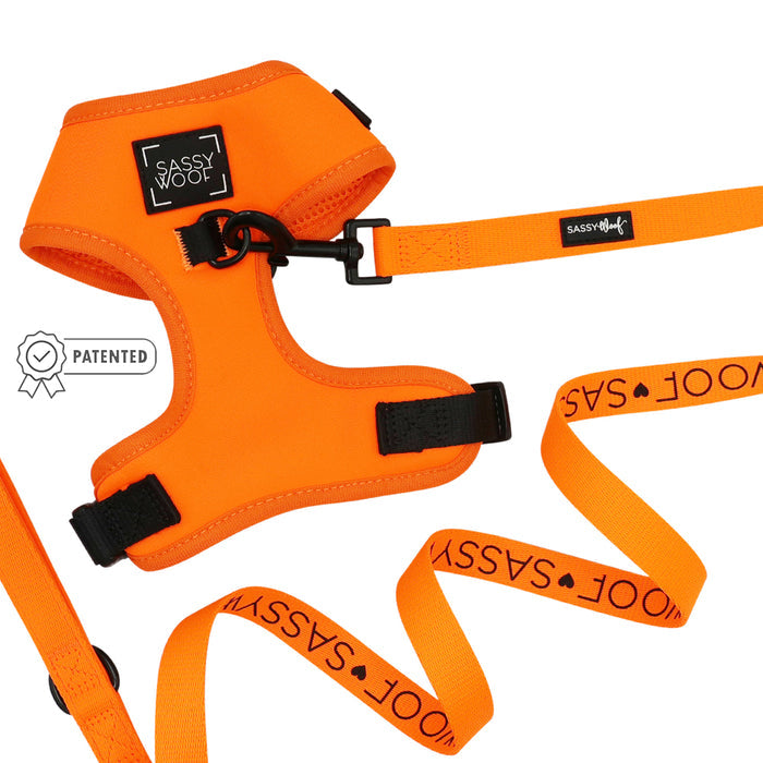 The Sassy Woof Dog Two Piece Bundle - Neon Orange is an adjustable dog harness and leash set designed for comfort and convenience.