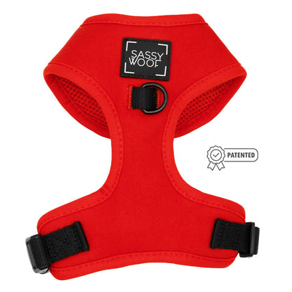 The Sassy Woof Dog Two Piece Bundle in Neon Red features black straps and adjustable harness options, perfect for fitting your puppy’s growth.