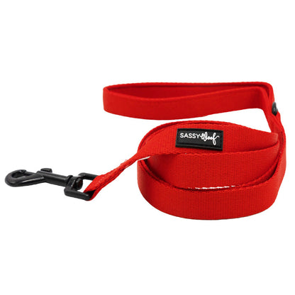 The Sassy Woof Dog Two Piece Bundle in Neon Red includes a bright leash with black metal clip and matching harness—perfect for your puppy’s growth plan.