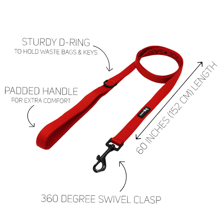 The Sassy Woof Dog Two Piece Bundle in Neon Red includes a sturdy 60-inch leash with padded handle, D-ring, 360° swivel clasp, and a matching adjustable harness. Key features are highlighted on a white background.