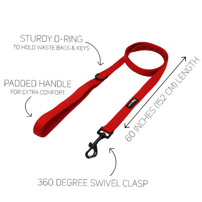 The Sassy Woof Dog Two Piece Bundle in Neon Red includes a sturdy 60-inch leash with padded handle, D-ring, 360° swivel clasp, and a matching adjustable harness. Key features are highlighted on a white background.
