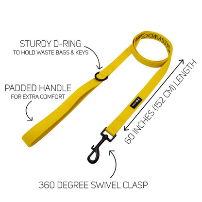 The Sassy Woof Dog Two Piece Bundle - Neon Yellow features a 60-inch leash with padded handle, sturdy D-ring, and 360° swivel clasp. Pair with the adjustable harness to support your puppy's growth. Text and arrows highlight each feature.
