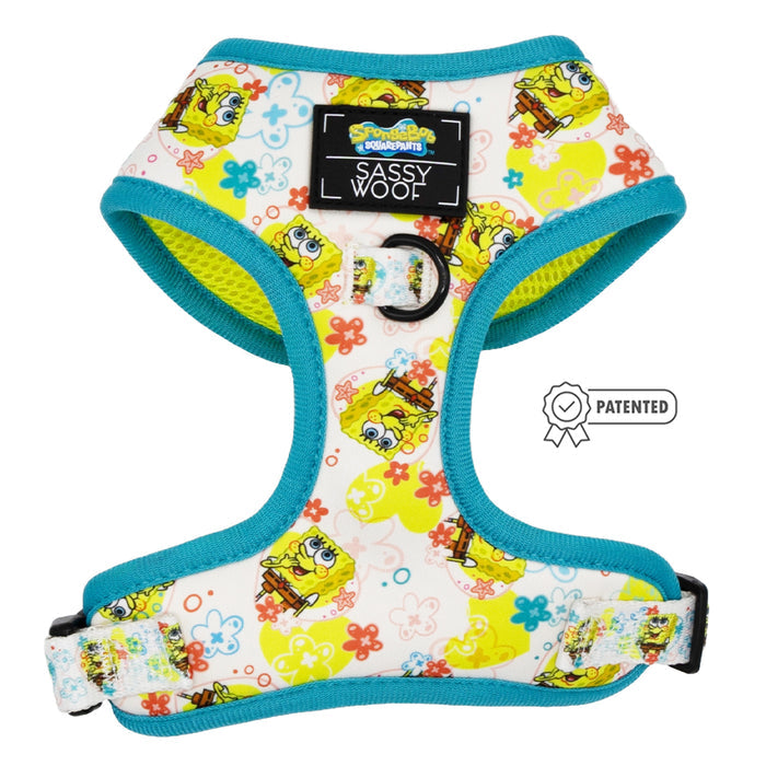 The Sassy Woof Dog Two Piece Bundle - SpongeBob SquarePants™ Bikini Bottom features blue trim, a vibrant pattern, patented badge, metal D-ring for leash attachment, and is included in the Puppy Growth Pawtection Plan.