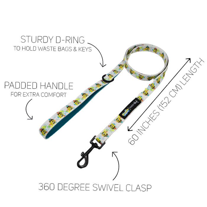 The Sassy Woof Dog Two Piece Bundle - SpongeBob SquarePants™ Bikini Bottom features a 60-inch white leash with cartoon designs, a padded blue handle, sturdy D-ring, swivel clasp, and pairs perfectly with your SpongeBob dog harness!.