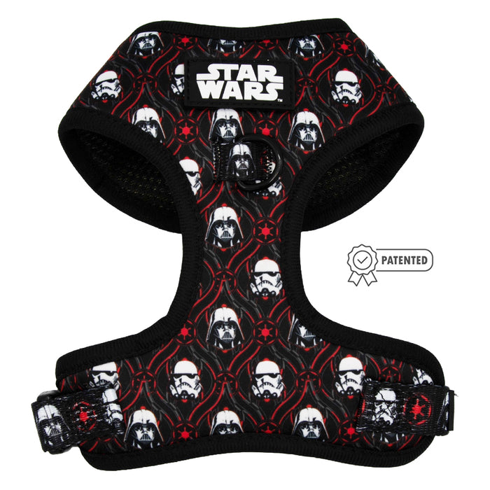 The Sassy Woof Dog Two Piece Bundle - STAR WARS™ The Dark Side is a black and red adjustable dog harness with the iconic logo, Darth Vader and Stormtrooper helmet pattern, plus a patented design icon.