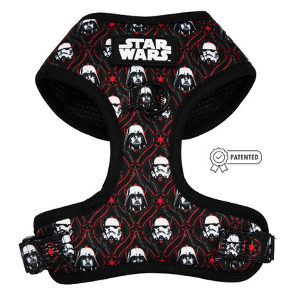 The Sassy Woof Dog Two Piece Bundle - STAR WARS™ The Dark Side is a black and red adjustable dog harness with the iconic logo, Darth Vader and Stormtrooper helmet pattern, plus a patented design icon.