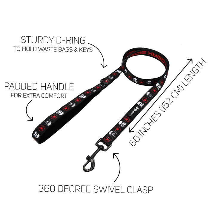 The Sassy Woof Dog Two Piece Bundle - STAR WARS™ The Dark Side features a 60-inch leash with a STAR WARS pattern, padded handle, sturdy D-ring, and 360° swivel clasp. Pairs perfectly with the adjustable harness for your dog.