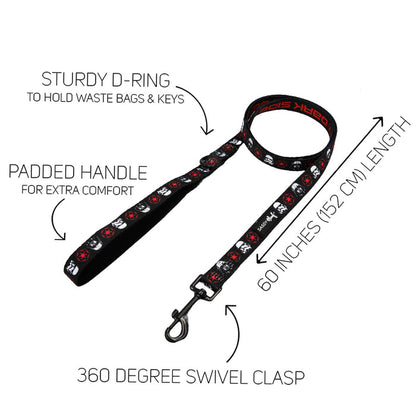 The Sassy Woof Dog Two Piece Bundle - STAR WARS™ The Dark Side features a 60-inch leash with a STAR WARS pattern, padded handle, sturdy D-ring, and 360° swivel clasp. Pairs perfectly with the adjustable harness for your dog.