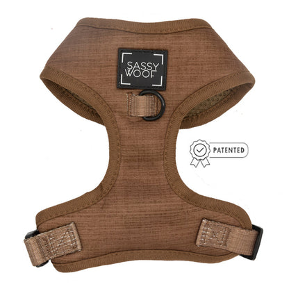 The Sassy Woof Dog Two Piece Bundle - Teddy features a brown adjustable harness with black hardware, D-ring for leashes, a Sassy Woof patch, patented badge, and adjustable straps for growing pups.