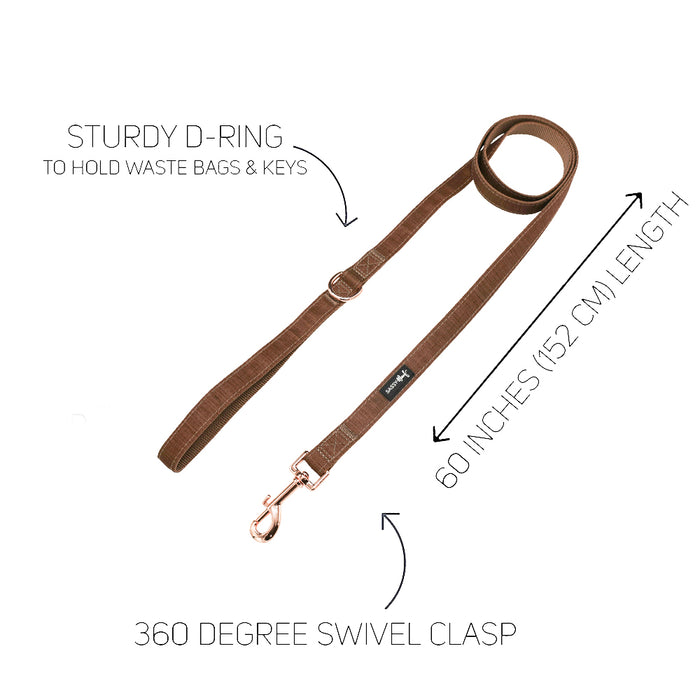 The Sassy Woof Dog Two Piece Bundle - Teddy includes a brown leash with sturdy D-ring for bags and keys, 360° swivel clasp, and 60-inch length. Shown on a white background with labeled features.