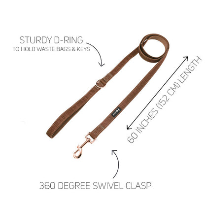 The Sassy Woof Dog Two Piece Bundle - Teddy includes a brown leash with sturdy D-ring for bags and keys, 360° swivel clasp, and 60-inch length. Shown on a white background with labeled features.