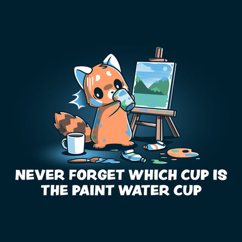 Premium Cotton T-shirt_TeeTurtle navy blue Don’t Drink the Paint Water featuring a red panda that’s painting a picture and taking a sip of paint water and looking at the mug of coffee on the floor with text that reads "Never Forget Which Cup Is The Paint Water Cup".