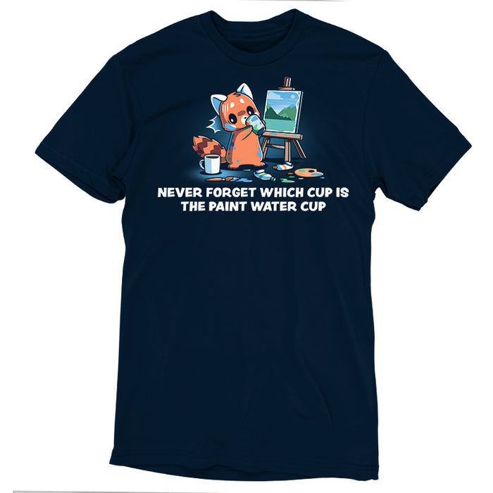 Premium Cotton T-shirt_TeeTurtle navy blue Don’t Drink the Paint Water featuring a red panda that’s painting a picture and taking a sip of paint water and looking at the mug of coffee on the floor with text that reads "Never Forget Which Cup Is The Paint Water Cup".