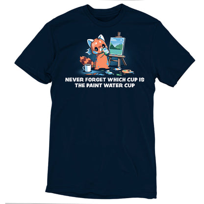 Premium Cotton T-shirt_TeeTurtle navy blue Don’t Drink the Paint Water featuring a red panda that’s painting a picture and taking a sip of paint water and looking at the mug of coffee on the floor with text that reads "Never Forget Which Cup Is The Paint Water Cup".