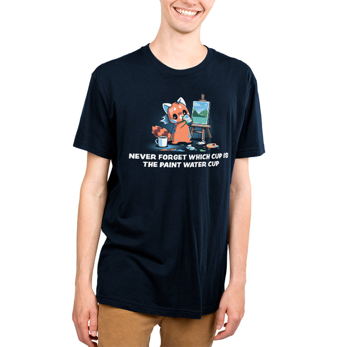 Premium Cotton T-shirt_TeeTurtle navy blue Don’t Drink the Paint Water featuring a red panda that’s painting a picture and taking a sip of paint water and looking at the mug of coffee on the floor with text that reads "Never Forget Which Cup Is The Paint Water Cup".