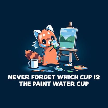 Classic Cotton T-shirt_TeeTurtle navy blue Don’t Drink the Paint Water featuring a red panda that’s painting a picture and taking a sip of paint water and looking at the mug of coffee on the floor with text that reads "Never Forget Which Cup Is The Paint Water Cup".
