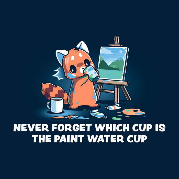 Long Sleeve T-shirt_TeeTurtle navy blue Don’t Drink the Paint Water featuring a red panda that’s painting a picture and taking a sip of paint water and looking at the mug of coffee on the floor with text that reads "Never Forget Which Cup Is The Paint Water Cup".