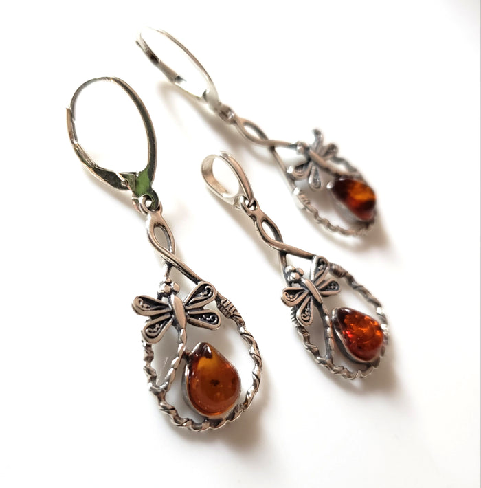dragonfly sterling silver earrings pendant set with amber