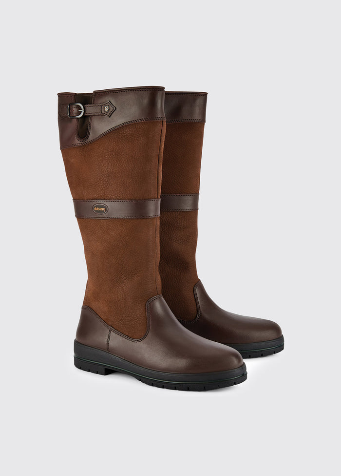 A pair of Dubarry Dunmore Country boots, walnut brown coloured leathered knee high boots with adjustable buckle