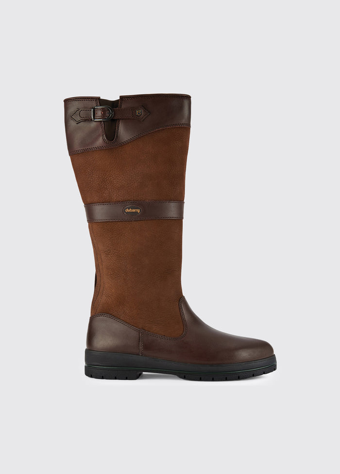 Side view of a Dubarry Dunmore Country boot, walnut brown coloured leathered knee high boot with adjustable buckle