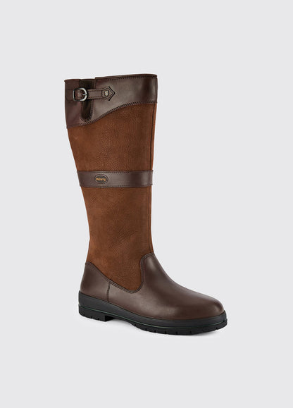 Angled side view of a Dubarry Dunmore Country boot, walnut brown coloured leathered knee high boot with adjustable buckle