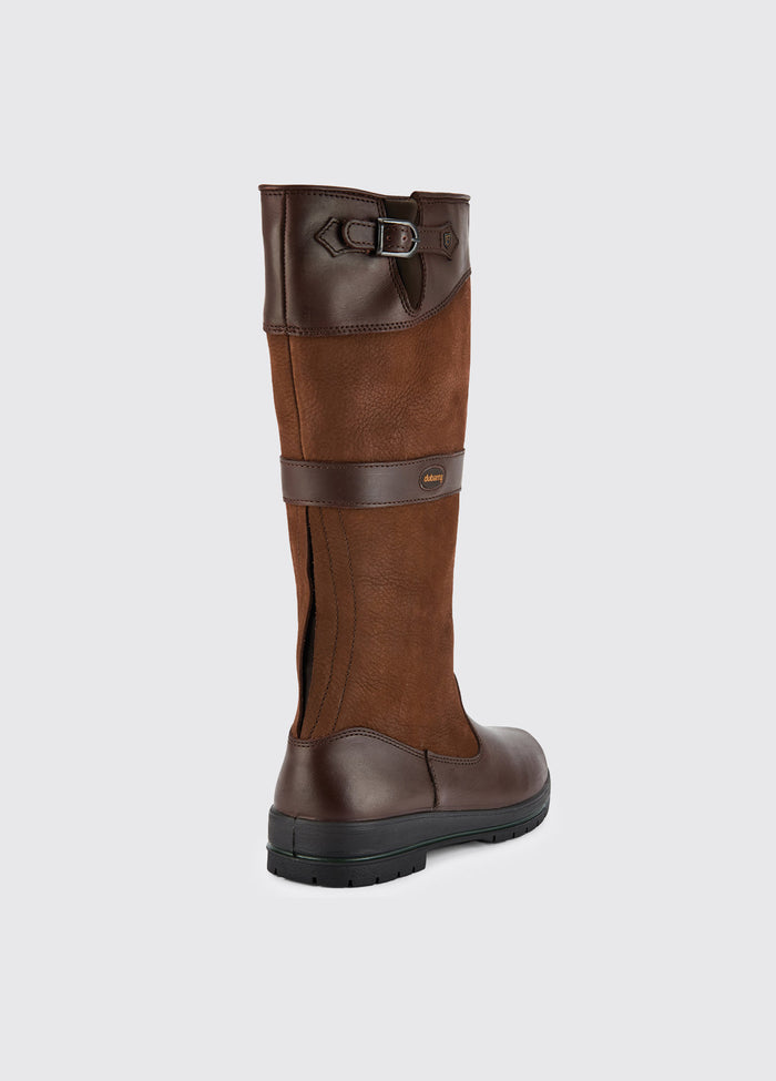 Back view of a Dubarry Dunmore Country boot, walnut brown coloured leathered knee high boot with adjustable buckle