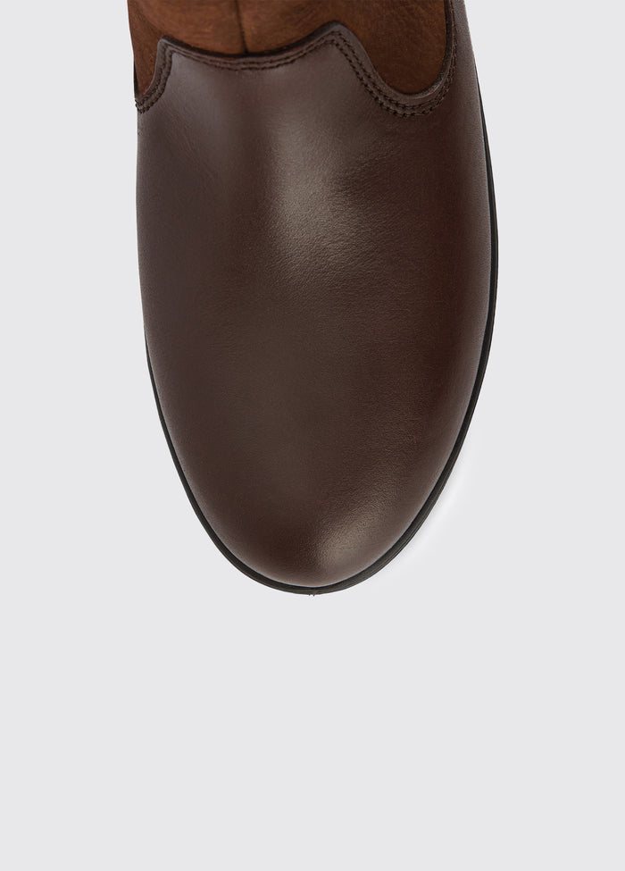 An aerial view of a Dubarry Dunmore Country boot, walnut brown coloured leathered