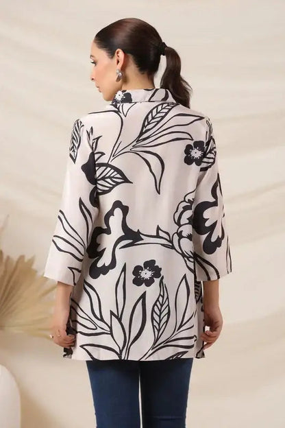 Elegant Cream & Black Botanical Print Russian Silk Top