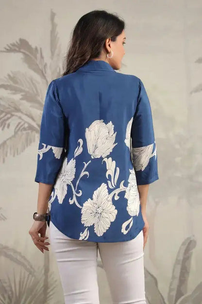 Elegant Floral Print Blue Tunic Russian Silk Top