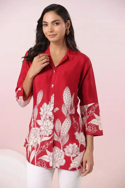 Elegant Maroon Russian Silk Floral Print Top
