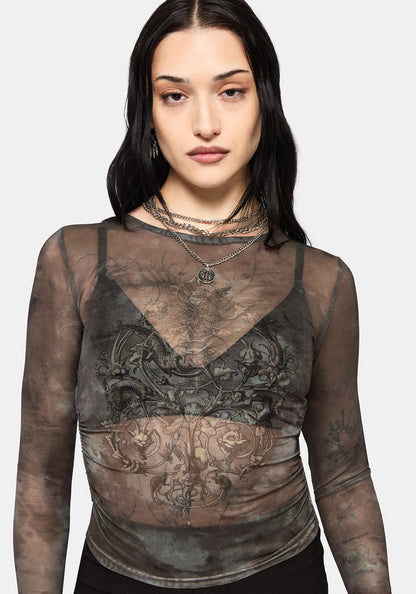 Eros Realm Mesh Long Sleeve Ruche Top