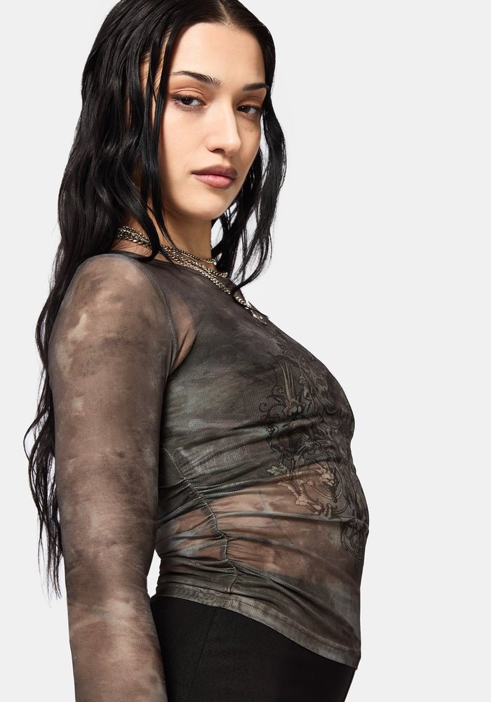Eros Realm Mesh Long Sleeve Ruche Top