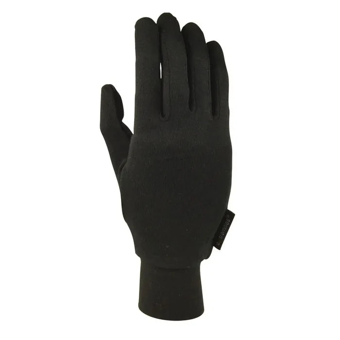 Back of the hand shot of Extremities Silk Liner Gloves in black on a white background