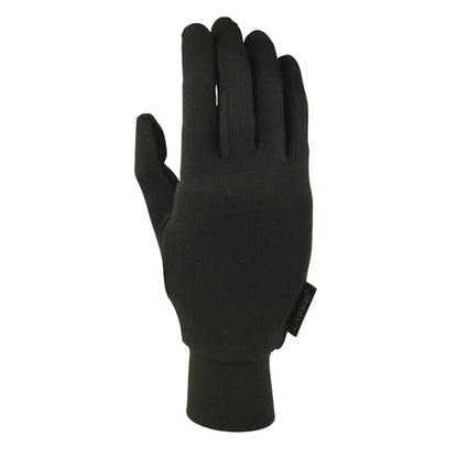Back of the hand shot of Extremities Silk Liner Gloves in black on a white background