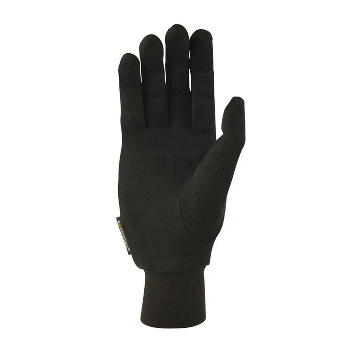 Palm shot of Extremities Silk Liner Gloves in black on a white background
