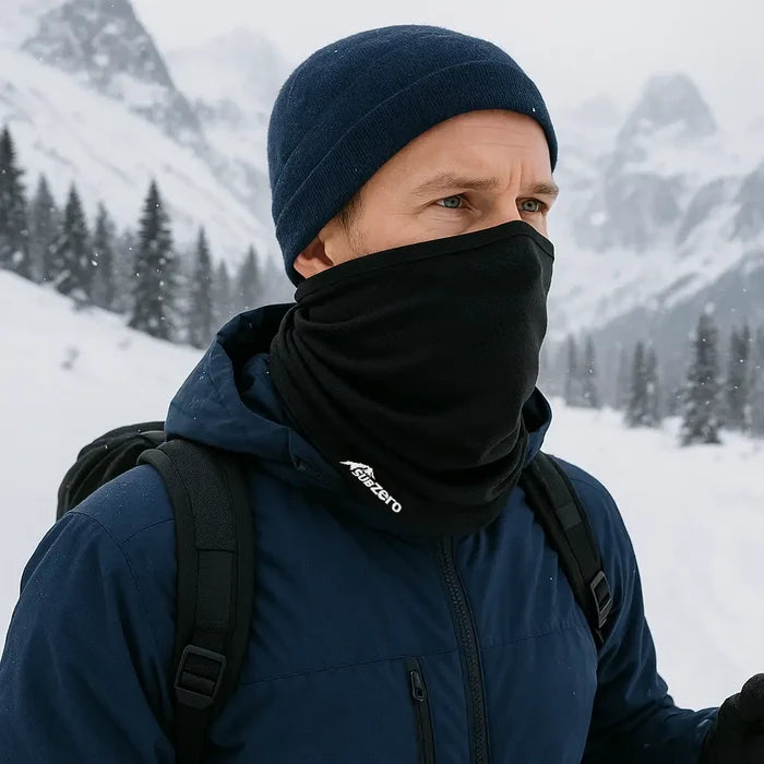Man wearing a Sub Zero Factor 1 Plus Neck Warmer Black whilst walking in the Alps whilst snowing