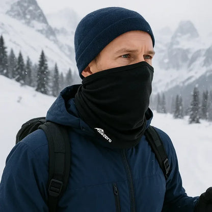 Man wearing a Sub Zero Factor 1 Plus Neck Warmer Black whilst walking in the Alps whilst snowing
