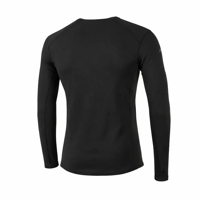 Reverse detail of Sub Zero Factor 2 mens long sleeve mid layer thermal top with a crew neck in colour black photographed on a white background