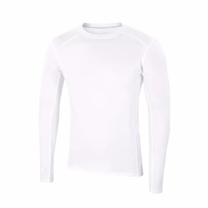 Front detail of Sub Zero Factor 2 mens long sleeve mid layer thermal top with a crew neck in colour white photographed on a white background