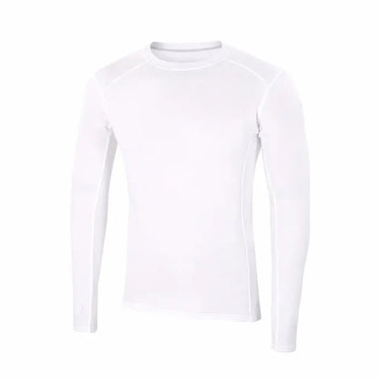 Front detail of Sub Zero Factor 2 mens long sleeve mid layer thermal top with a crew neck in colour white photographed on a white background