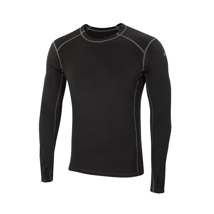 Front detail of Sub Zero Factor 2 mens long sleeve mid layer thermal top with a crew neck in colour black with grey stitching photographed on a white background