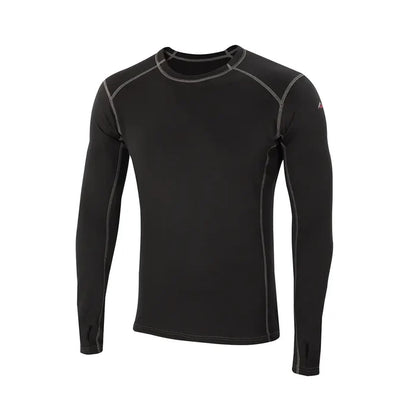 Front detail of Sub Zero Factor 2 mens long sleeve mid layer thermal top with a crew neck in colour black with grey stitching photographed on a white background