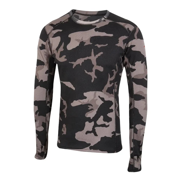 Front detail of Sub Zero Factor 2 mens long sleeve mid layer thermal top with a crew neck in colour grey camouflage photographed on a white background