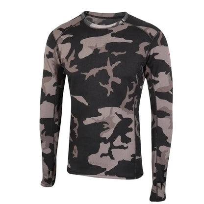 Front detail of Sub Zero Factor 2 mens long sleeve mid layer thermal top with a crew neck in colour grey camouflage photographed on a white background