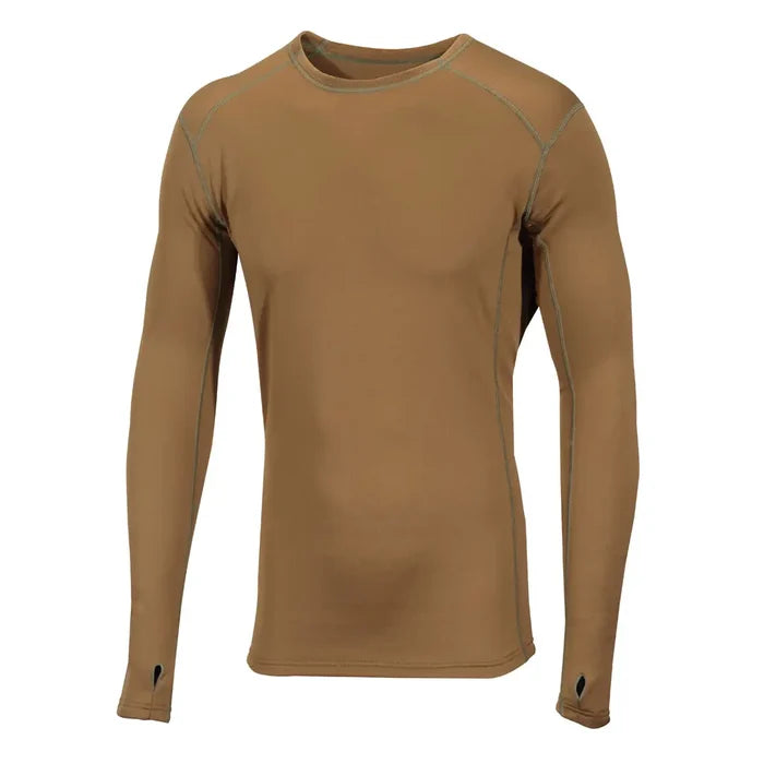 Front detail of Sub Zero Factor 2 mens long sleeve mid layer thermal top with a crew neck in colour khaki photographed on a white background